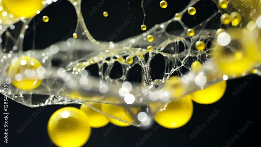 Wall mural close-up view of a web-like structure with suspended yellow droplets against a dark background