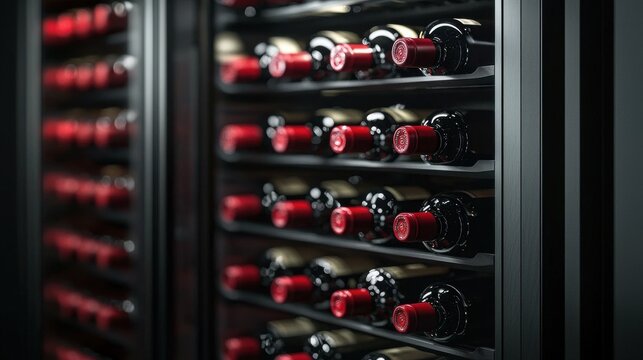 Modern Wine Storage Unit Showcasing Bottles with Red Caps and Labels