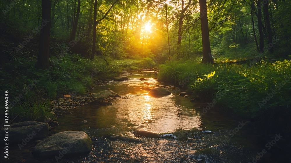 Poster breathtaking forest scene with sunlight streaming through trees by a serene stream : generative ai