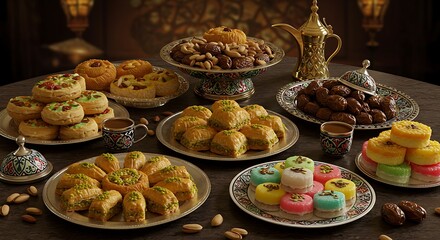 Assortment of Middle Eastern Sweets and Treats Displayed on Silver Platters