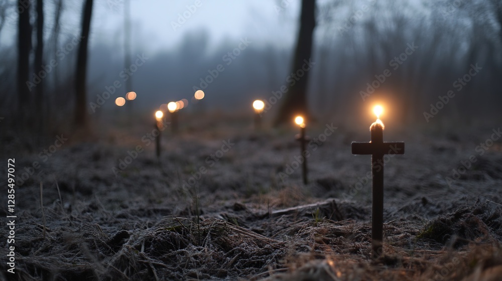Poster mysterious foggy landscape with candles and wooden crosses creating a haunting atmosphere : generati