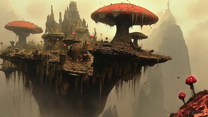 Surreal floating island with giant mushrooms and a mystical landscape under an apocalyptic sky - Powered by Adobe