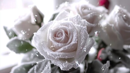 Fototapeta premium Elegant White Roses Covered in Sparkling Frost Captured in a Close-Up Shot