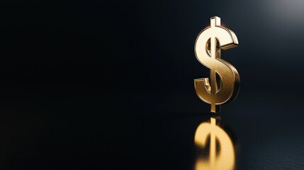 Golden Dollar Sign Symbol on Black Background with Reflection