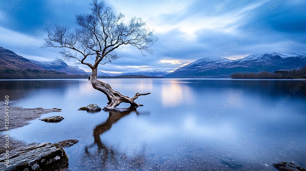 Poster Stunning solitary tree reflecting on tranquil lake with mountains in the background during twilight hours : Generative AI