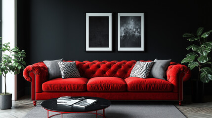 A modern living room with a red velvet sofa and two armchairs, black walls, and grayscale artwork