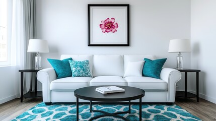 A modern living room featuring a white sofa, teal accents, and a floral artwork, creating a bright and inviting atmosphere.