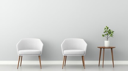 Obraz premium Minimalist interior featuring two white chairs, a wooden side table, and a potted plant against a light gray wall, creating a clean, modern aesthetic.