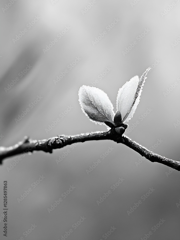 Aufkleber delicate black and white frosted leaves on twisted branch in soft focus : generative ai