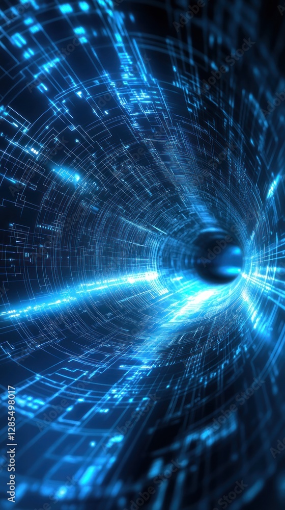 Poster digital tunnel with glowing data streams and motion