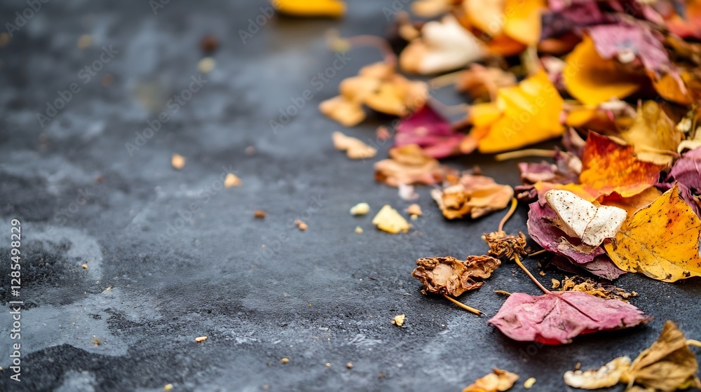 Poster colorful autumn leaves scattered on dark surface creating a seasonal atmosphere : generative ai