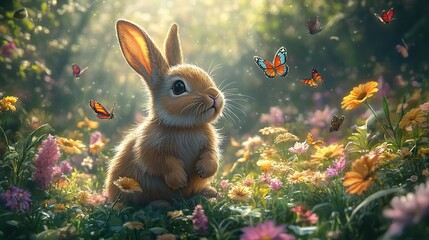 An enchanted forest teems with life, with playful bunnies hopping through the undergrowth and colorful butterflies fluttering among the trees.