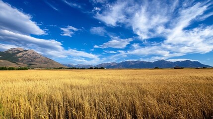 Obraz premium Stunning panoramic view of golden wheat fields under a bright blue sky with dramatic clouds in the background : Generative AI