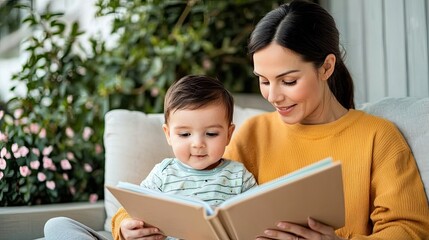 Fototapeta premium A mother reads a book to her young child, both enjoying a cozy moment in a sunny setting surrounded by plants.