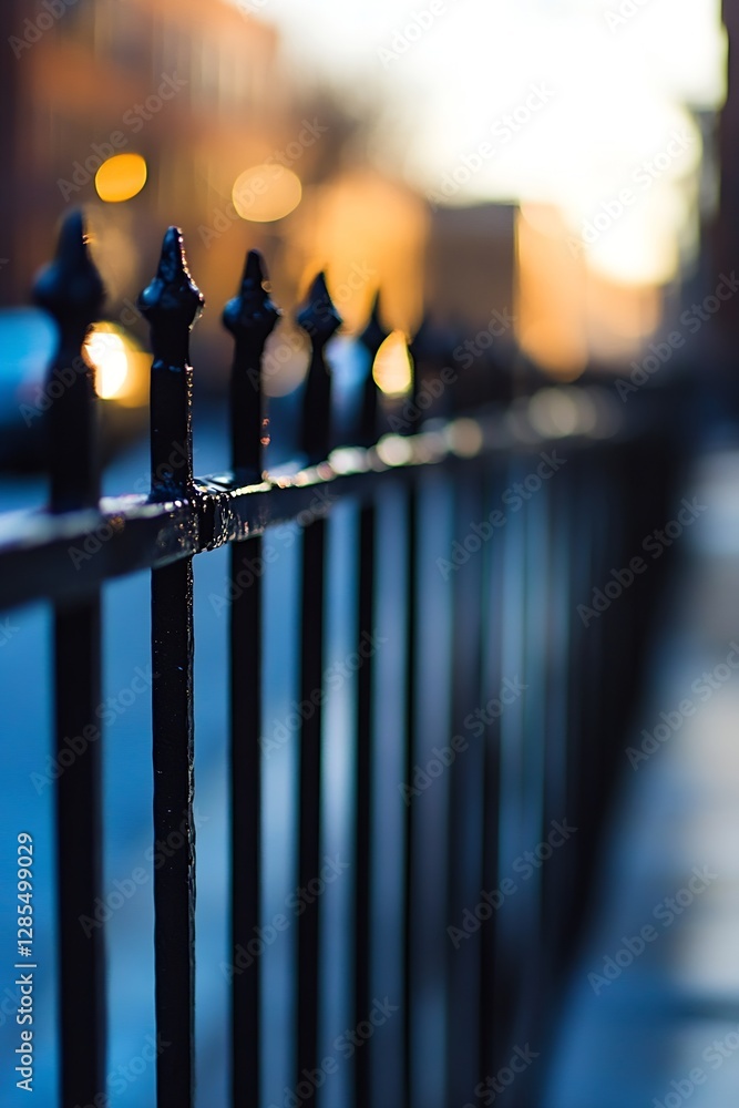 Fototapete elegant black wrought iron fence with shallow depth of field bokeh background : generative ai