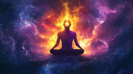 A meditative figure with a glowing third eye, surrounded by pulsating waves of golden energy