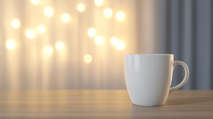 Fototapeta premium white mug on wooden table with blurred lights in background
