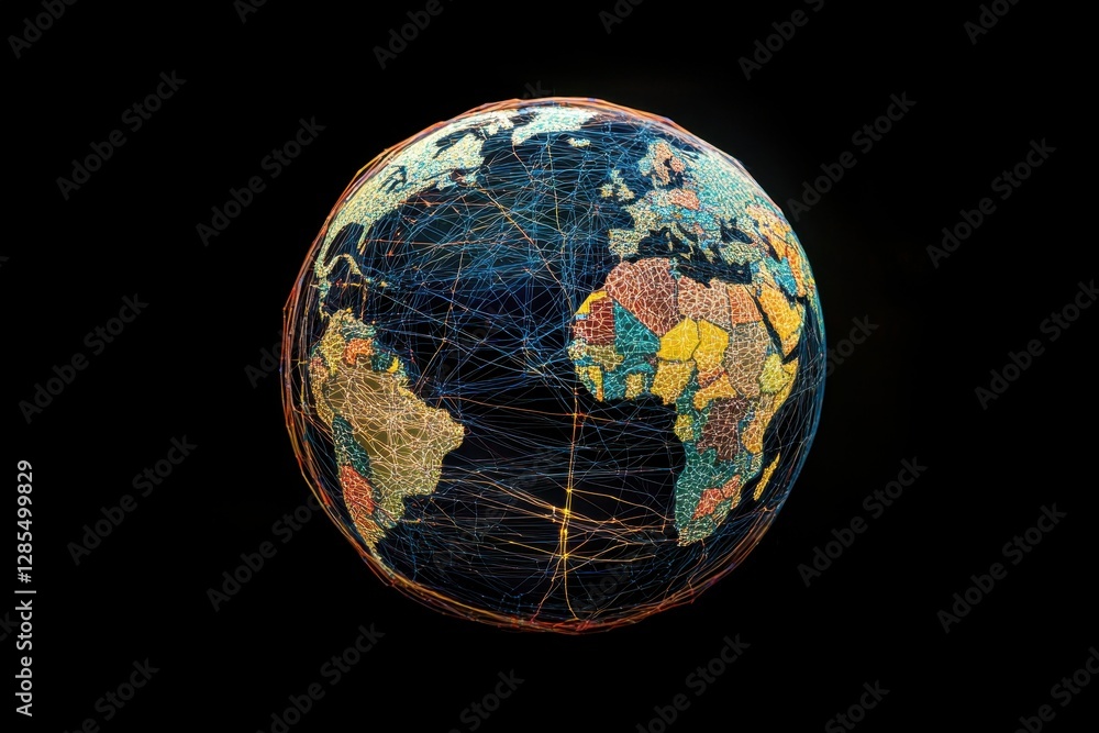 Poster globe interconnected through a network of connections with a black background showcasing global comm