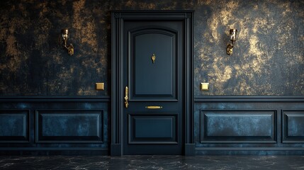 An enigmatic black door with an opulent gold handle invites exploration in this dramatic image with a dark background and a single intriguing door, leaving the viewer curious about what lies beyond.