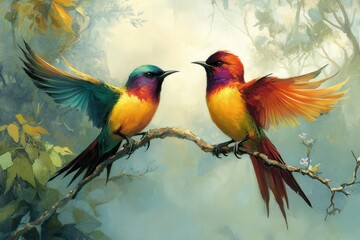 Fototapeta premium Colorful birds with vibrant plumage engaged in a display on a branch surrounded by lush foliage, birds with beautiful plumage sit on a branch and then fly away