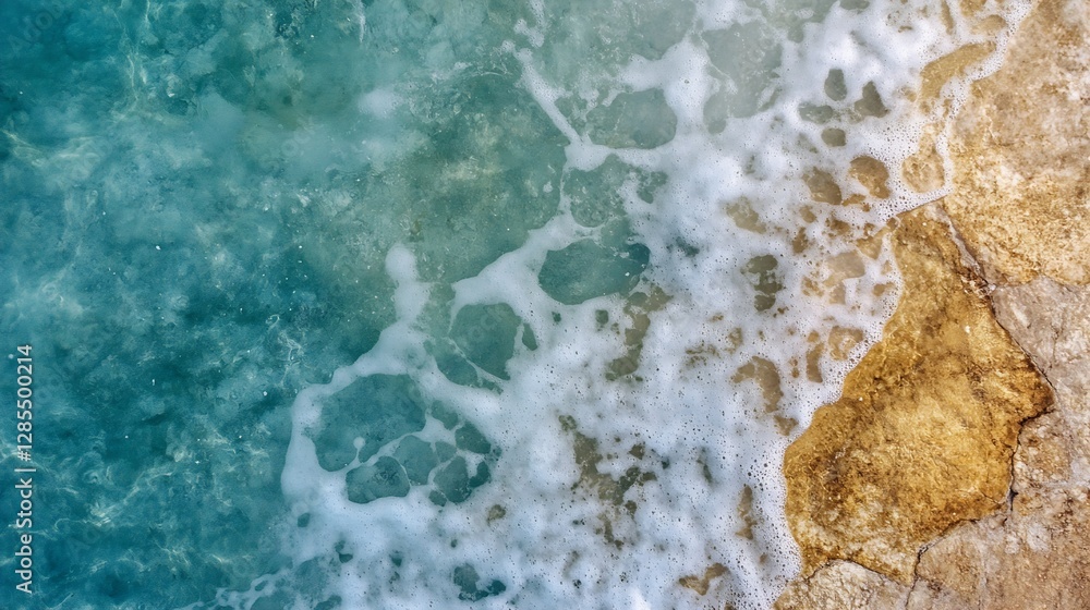 Aufkleber aerial view of clear aqua waves with foam gently breaking against rocky shore : generative ai