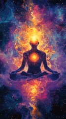 A meditative figure with a glowing third eye, surrounded by pulsating waves of golden energy