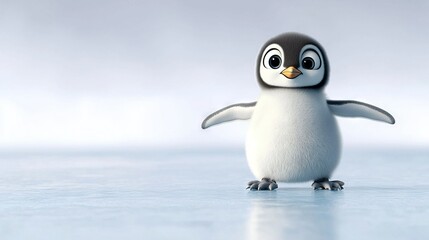 Fototapeta premium A penguin stands tall on hind legs, arms spread wide, with big eyes opened on a gray backdrop