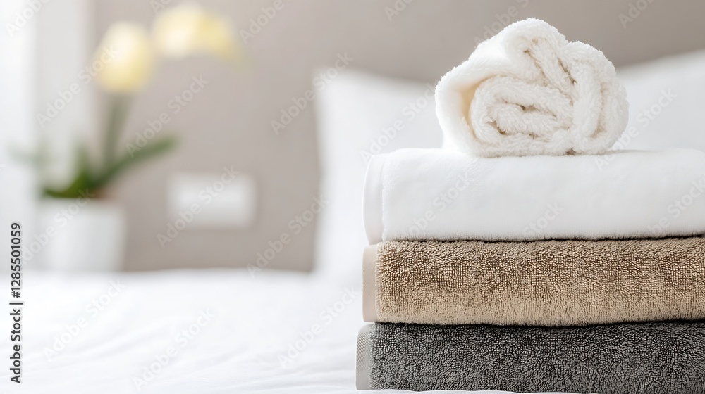 Poster freshly stacked soft towels in a cozy bedroom setting evoking comfort and relaxation : generative ai