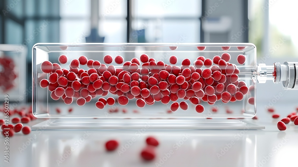 Poster 3d rendered depicting red blood cells circulating through a transparent intravenous transfusion syst
