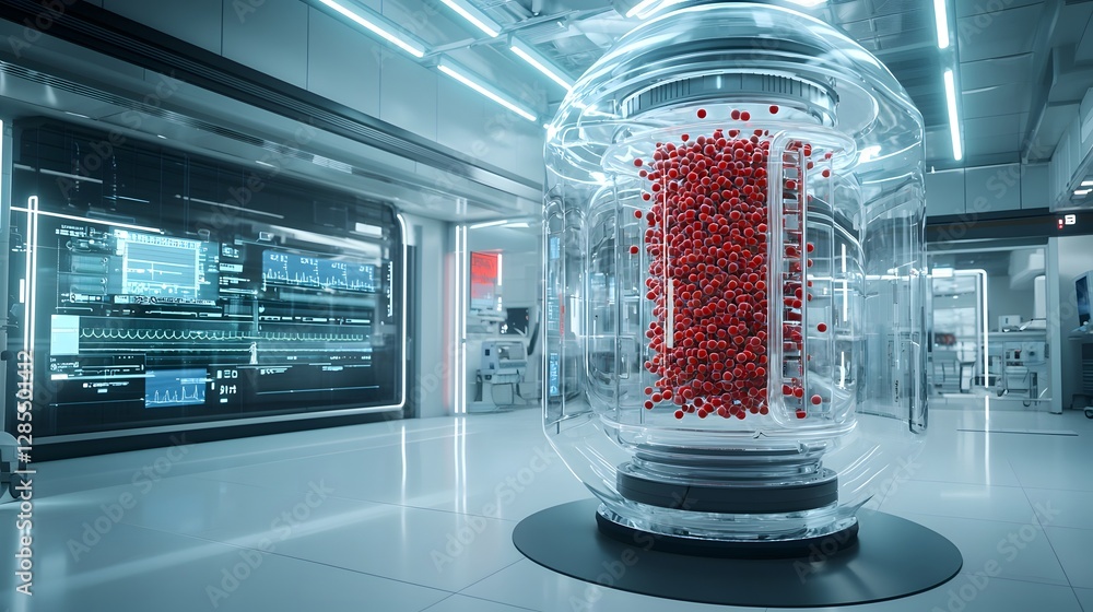 Poster Futuristic transparent 3D rendered depicting red cells flowing through a high tech intravenous transfusion system