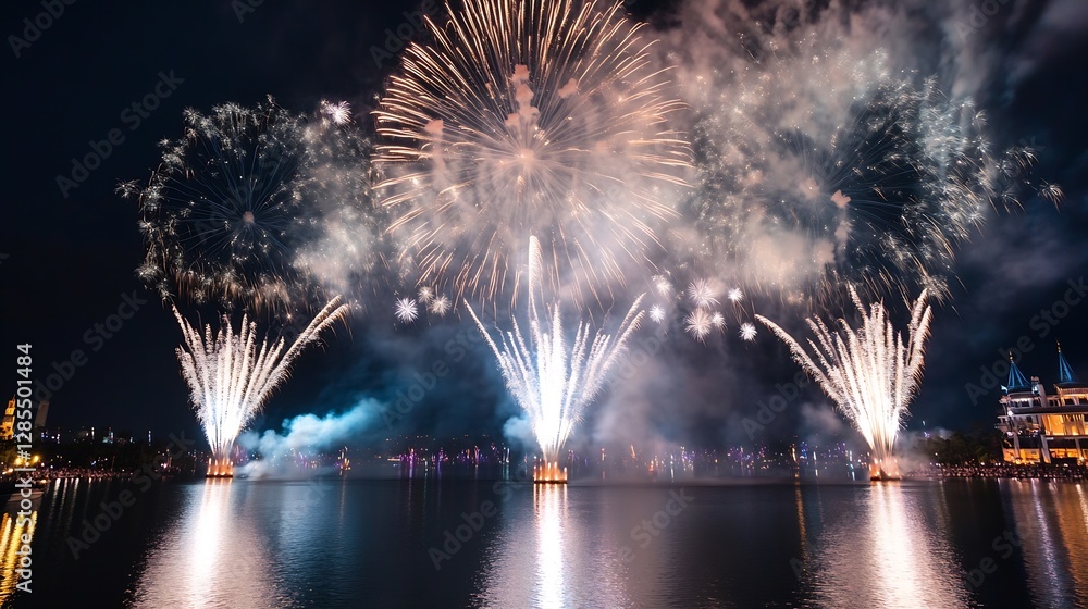 Poster stunning nighttime fireworks display over reflective water surface captured in colorful celebration 