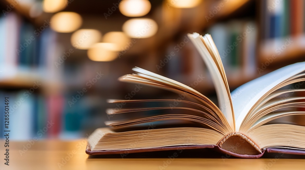 Poster Open Book with Flipping Pages on Library Table Surrounded by Cozy Warm Lighting and Focused Atmosphere : Generative AI