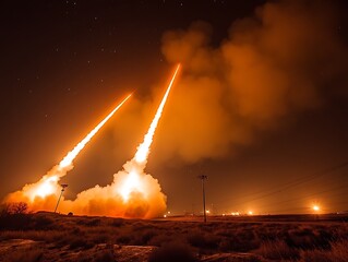 Two missiles launch into the night sky with great force