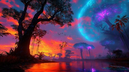 Obraz premium A painting of an alien landscape featuring trees, a body of water, and a purple-blue sky