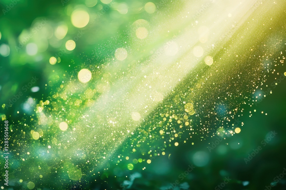 Poster Vibrant green screen with shimmering lights and sparkling particles in a natural setting, Shine Shimmering light Green screen