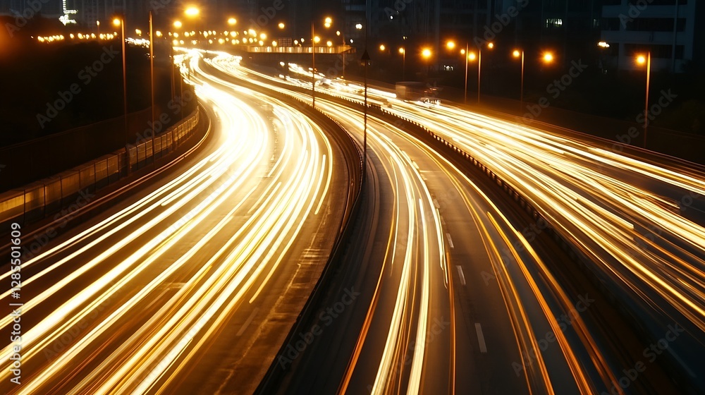 Poster dynamic night traffic on city highway with light trails and urban vibes : generative ai