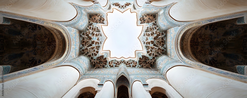Poster elaborate building interior features symmetrical patterns and light from above