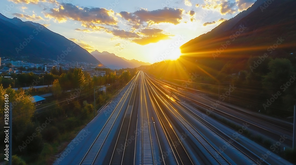 Poster stunning sunset view over rail tracks with mountains and vibrant sky : generative ai