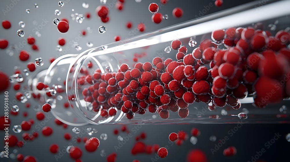 Poster 3d rendered showcasing the flow of cells and plasma through a transparent intravenous tube highlight