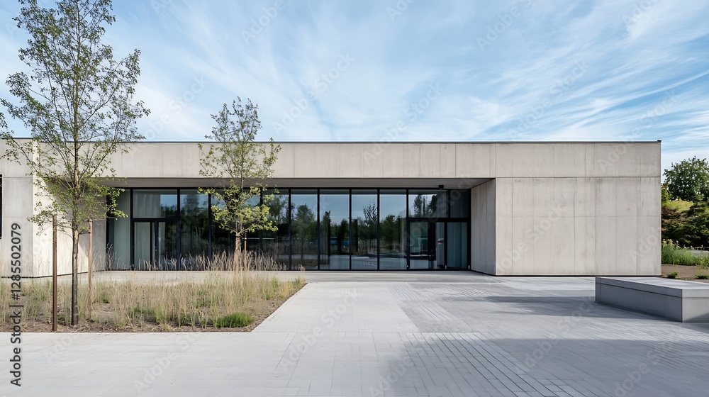 Aufkleber Modern minimalist architecture of a concrete building with large glass windows : Generative AI