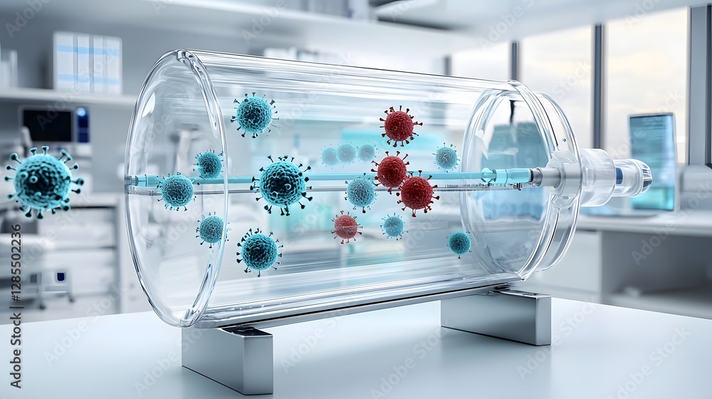 Poster 3D visualization showing the cross section of cells and molecules moving through a medical IV line during a transfusion process  The image depicts the dynamic