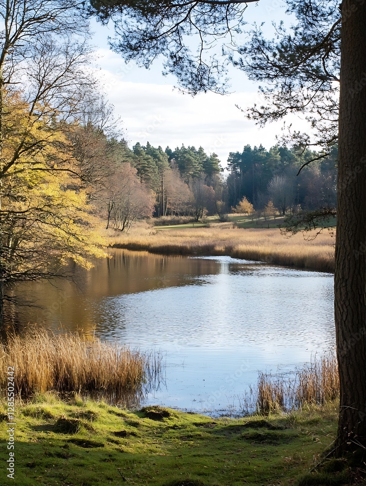 Poster scenic view of a tranquil lake surrounded by autumn trees and lush landscape : generative ai