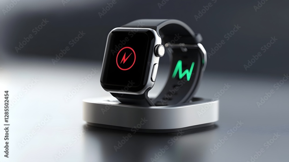 Poster A and detailed photograph showcasing a smartwatch placed on a magnetic charging dock with a digital charging icon prominently displayed  The image captures the sleek modern