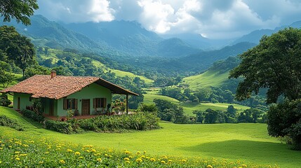 Obraz premium An idyllic green valley with farmhouses nestled amongst the rolling hills and mountains.