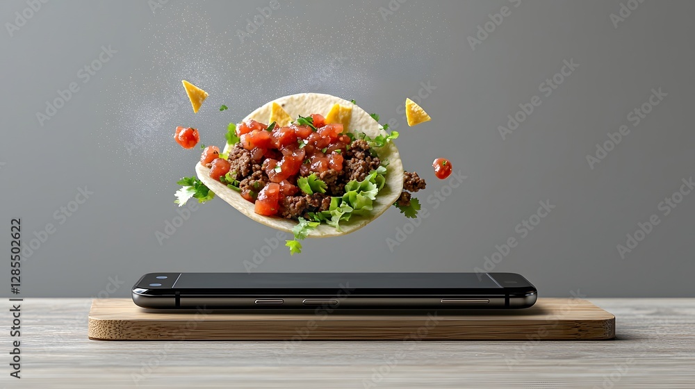 Aufkleber a 3d rendered taco filled with seasoned meat salsa and melted cheese dramatically bursting out from 