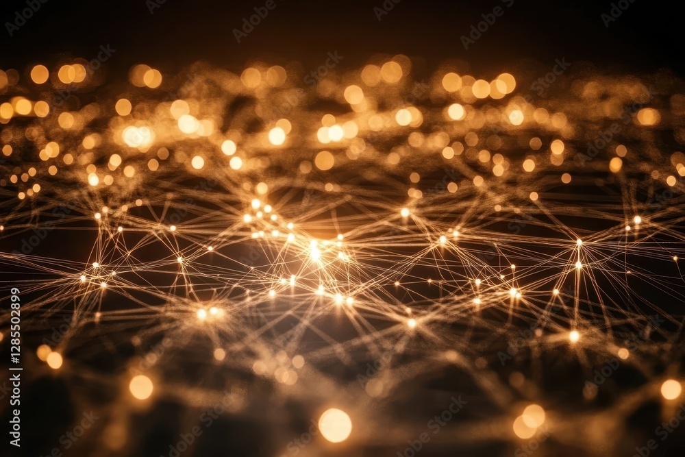 Poster glowing light spots create a network of connections against a dark background, light spots and netwo