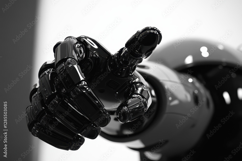 Poster epic camera captures a robot with an intricate design pointing confidently in a futuristic setting, 