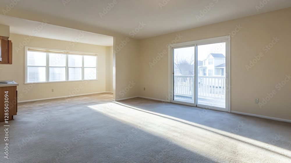 Poster bright and airy empty living room space with natural light and view : generative ai