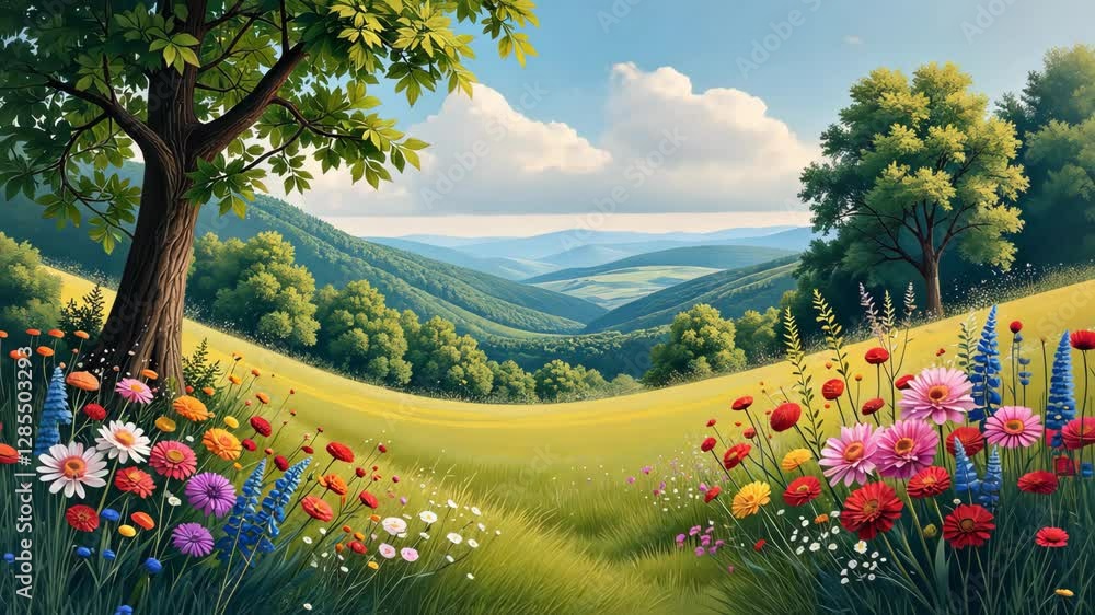 Poster a beautiful landscape with a tree in the foreground and a field of flowers in the background. the fl