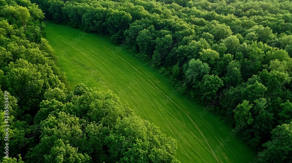 Poster lush green forest landscape with curved green grass and dense trees : generative ai